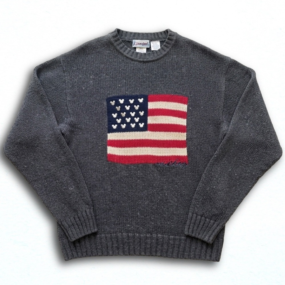 Vintage Disneyland Mickey Mouse American Flag Sweater Charcoal Gray Large